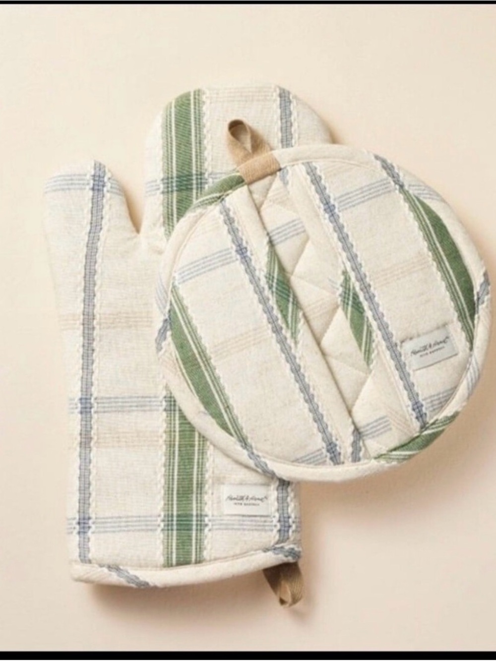 Hearth & Hand Cream Oven Mitt and Pot Holders with Green and Blue Stripes